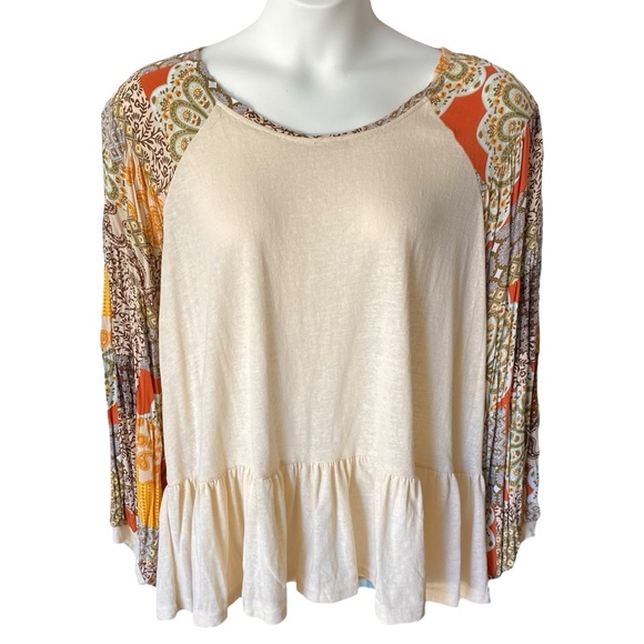 Umgee Tops - UMGEE Womens Boho Peplum Top Plus Size 2XL Balloon Sleeve Fall Blouse Beige